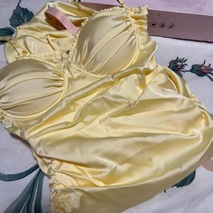 Oh Polly Satin Ruched Mini Dress in Light Lemon Yellow, size 4 or 2